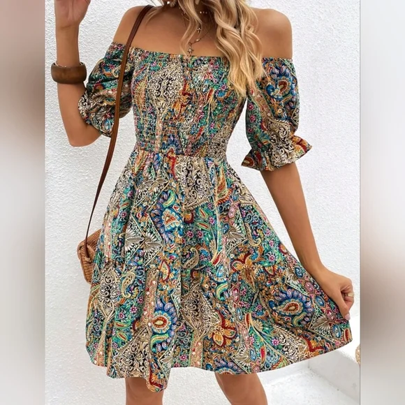 New Chic Boho Paisley Floral Off Shoulder Mini Dress Ruffle Smocked Blue Tan - Picture 5 of 8